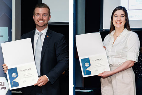 Tyler Bartholomew and Patricia Moreno holding awards