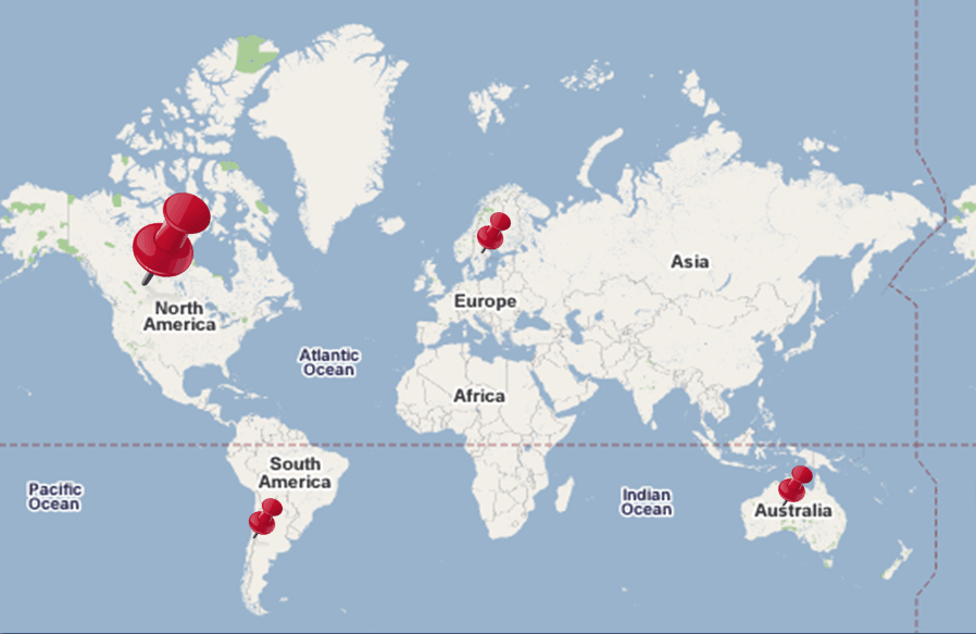 World map with pin marks on North America, South America, Europe and Australia