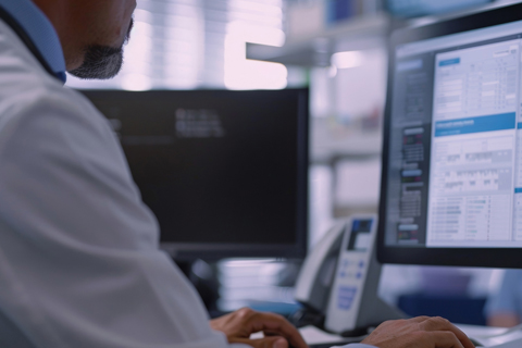 side view of person on a computer