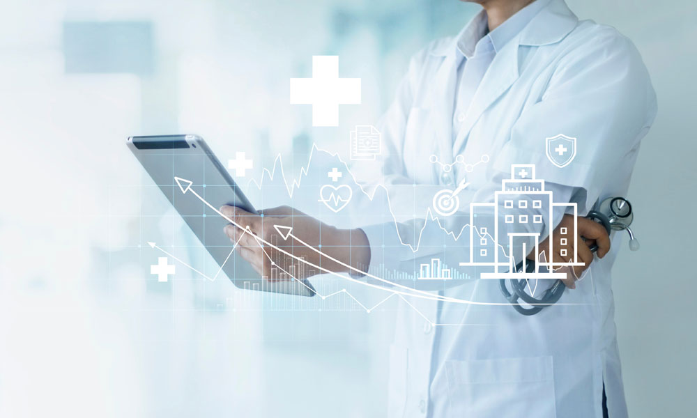 Graphics of medical statistics and doctor holding a tablet