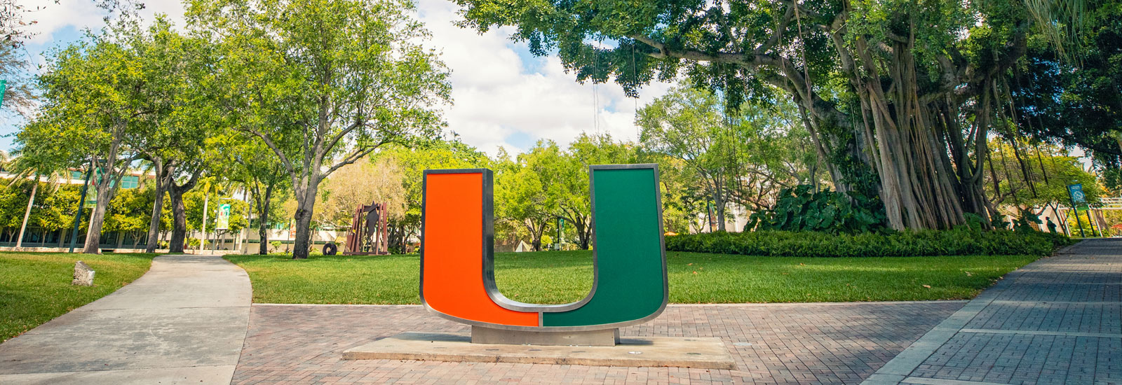 Outdoor photography of UM logo sculpture