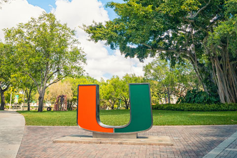 Outdoor photography of UM logo sculpture